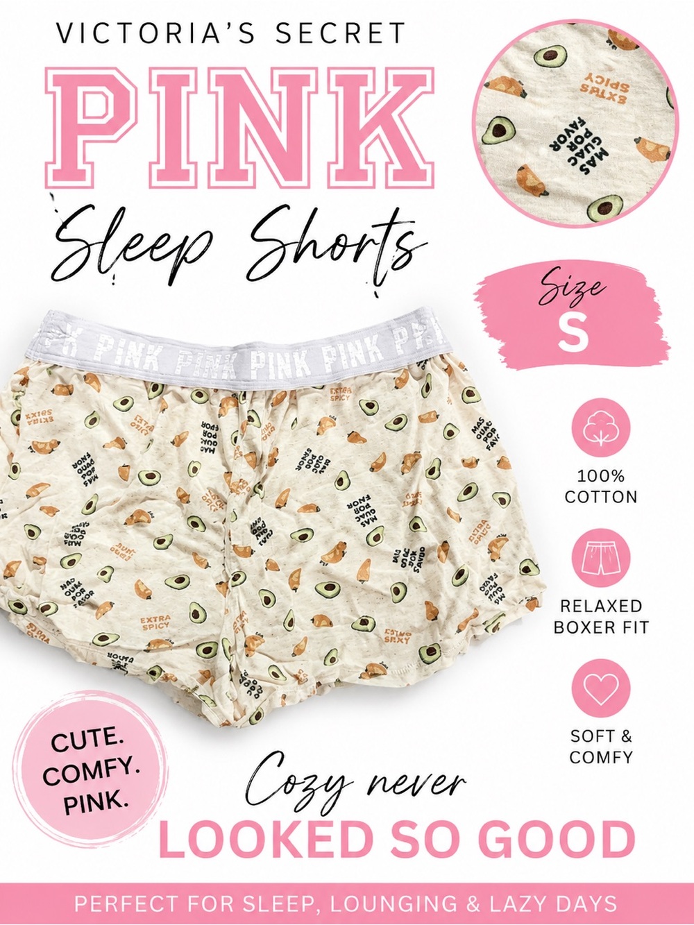 Victoria’s Secret PINK Avocado & Taco Print Sleep Shorts Size Small - Picture 1 of 8